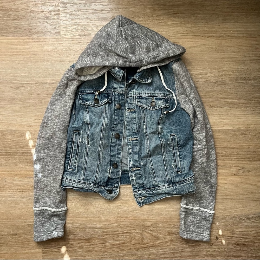 Free People Distressed Denim Hooded Jacket XS